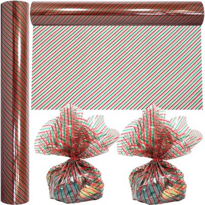 AnapoliZ Christmas Cellophane Wrap Roll | 100 Ft. Long X 16 in. Wide | 2.3 Mil Crystal Clear Christmas Stripes Cellophane | Gifts, Baskets, Treats Wrapping Paper | Red and Green Stripes Cello Roll