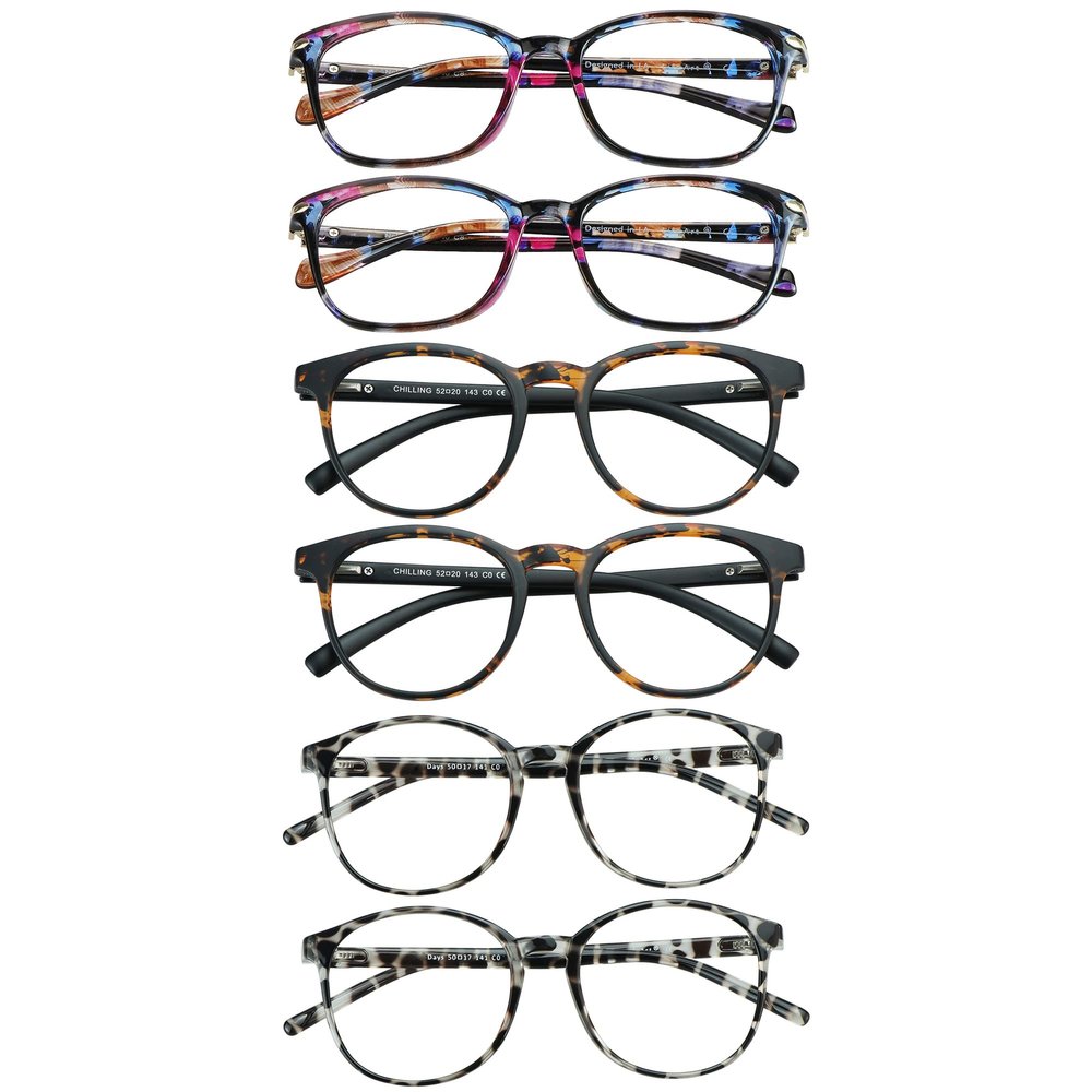 VisionGlobal 6 Pairs Blue Light Blocking Glasses/Reading Glasses for Women/Men, Fashion Eyewear Frame (Dark Tortoise+Pink+Leopard, 3.00 Magnification)