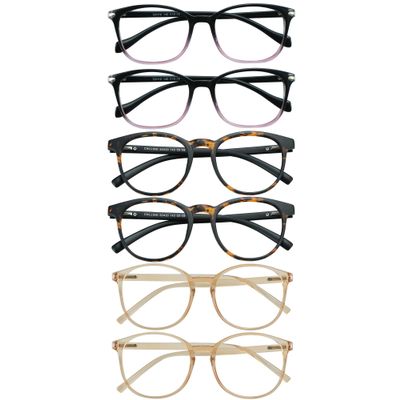 VisionGlobal 6 Pairs Blue Light Blocking Glasses/Reading Glasses for Women/Men, Fashion Eyewear Frame (Dark Tortoise+Black Purple+Champagne, 3.00 Magnification)