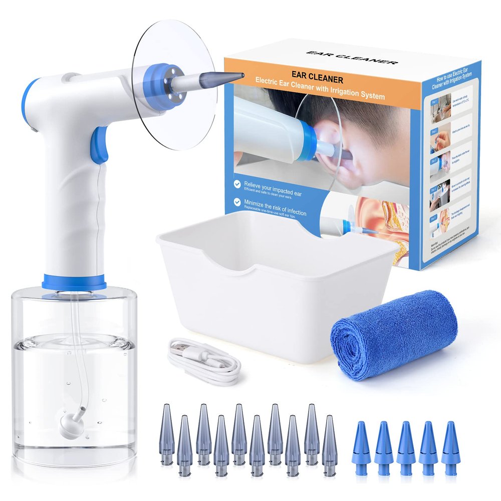 Ear Wax Removal, Electric Ear Cleaning Kit with Light, FSA-HSA-Eligible, Ear Irrigation Kit with 4 Pressure Modes, Safe and Effective Ear Flush Kit with Ear Cleaner - Includes Basin, Towel & 15 Tips
