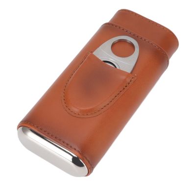 Cigar Holder Case, Leather Cigar Case, Cigar Case with Cutter, 3 Finger Cigar Case Iron Cover Portable Soft Glossy Leather Cigar Holder Case with Cutter for Travel (Brown)
