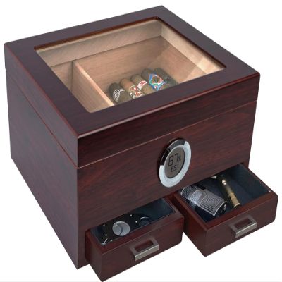 Prestige Import Group Chalet Glass Top Cigar Humidor with Digital Hygrometer & 2 Storage Drawers - 25 to 50 Capacity - Color: Cherry