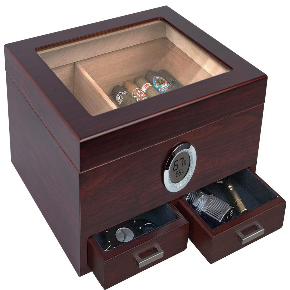 Prestige Import Group Chalet Glass Top Cigar Humidor with Digital Hygrometer & 2 Storage Drawers - 25 to 50 Capacity - Color: Cherry