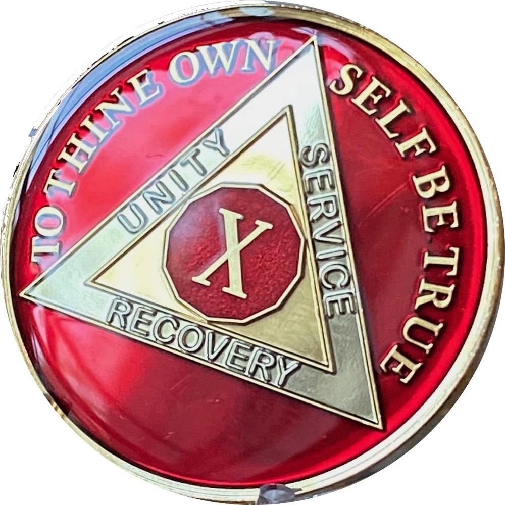 10 Year AA Medallion 1.5" Large Metallic Mandarin Red Sobriety Chip