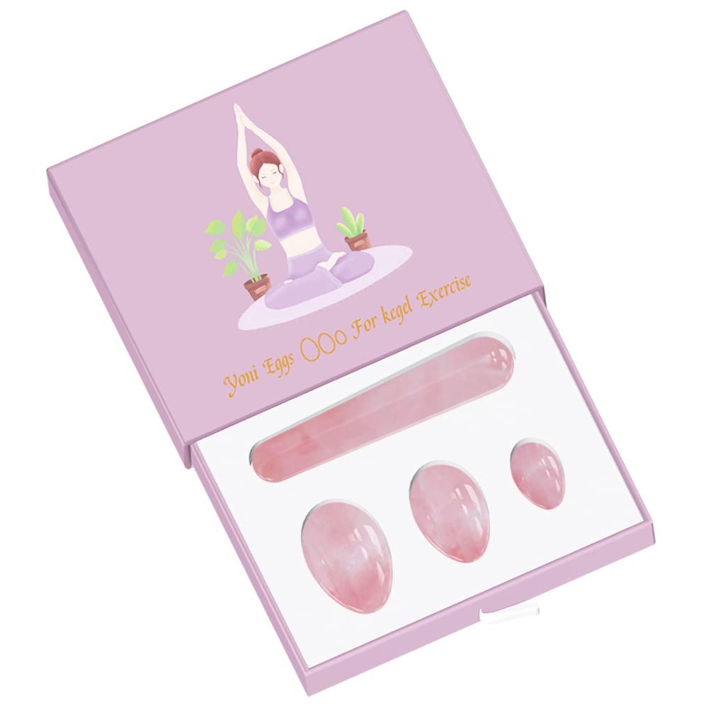 Rose Quartz Yoni Egg Stick Set Natural Pink Crystal Stone Love Eggs Drilled and Undrilled Egg Kegel,Undrilled with Box