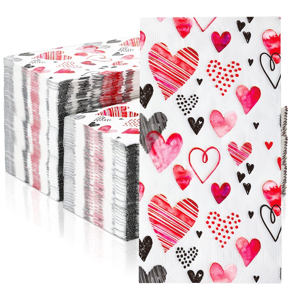 200 Pcs Valentines Day Guest Paper Hand Towels for Bathroom Disposable Napkins Heart Decorative Napkins Dinner Beverage 2 Ply Cocktail for Holiday Wedding Anniversary Party (Sweet Style)
