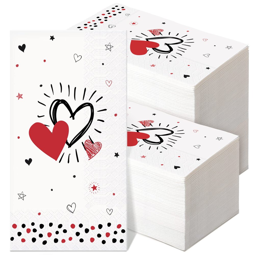 200 Pcs Valentines Day Guest Paper Hand Towels for Bathroom Disposable Napkins Heart Decorative Napkins Dinner Beverage 2 Ply Cocktail for Holiday Wedding Anniversary Party (Lovely Style)