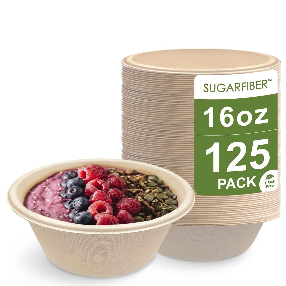 [125 Count]Harvest Pack Compostable Paper Bowls, 16oz PFAS FREE Round Biodegradable Soup Bowl, Heavy-Duty Eco-Friendly Disposable Bowls, Sugarcane Bagasse Natural plant fibers, Alternative to Plastic