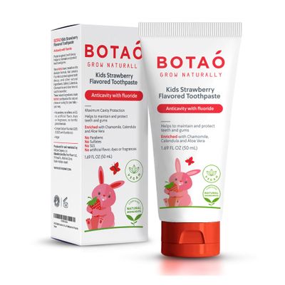 Botao Kids Natural Strawberry Flavored Anticavity Fluoride Toothpaste Maximum Cavity Protection Cleans Childrens Teeth Protects Gums Chamomile Aloe Vera Calendula Xylitol for Ages 2 and Up