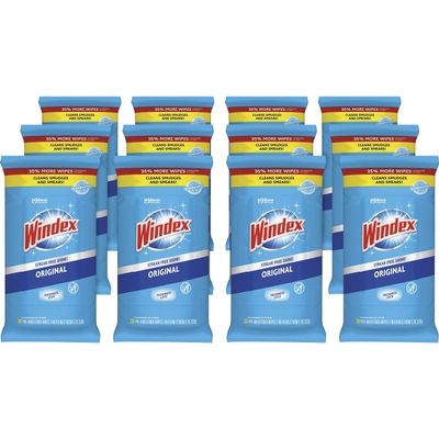 SC Johnson Windex Glass and Surface Wet Wipe, Cloth, 7 x 8, Unscented, White, 38/Pack, 12 Packs/Carton