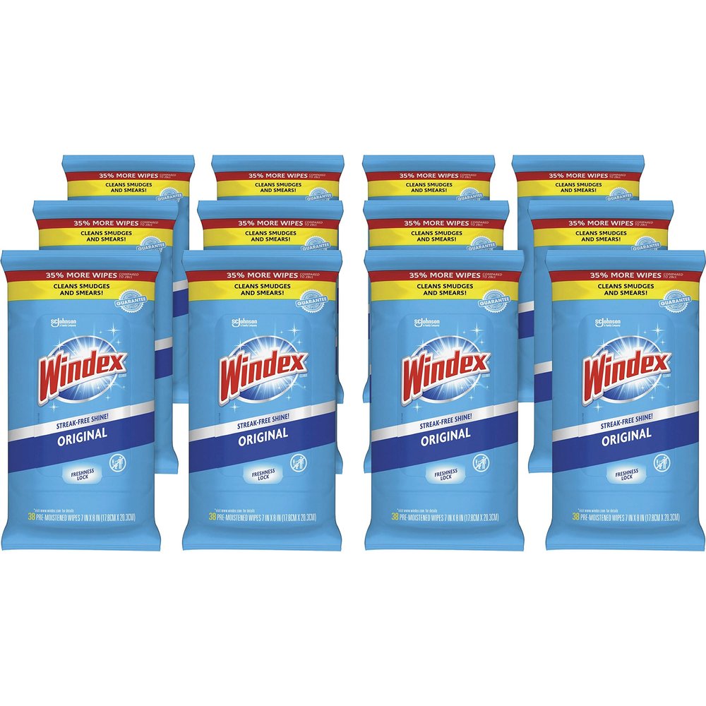 SC Johnson Windex Glass and Surface Wet Wipe, Cloth, 7 x 8, Unscented, White, 38/Pack, 12 Packs/Carton