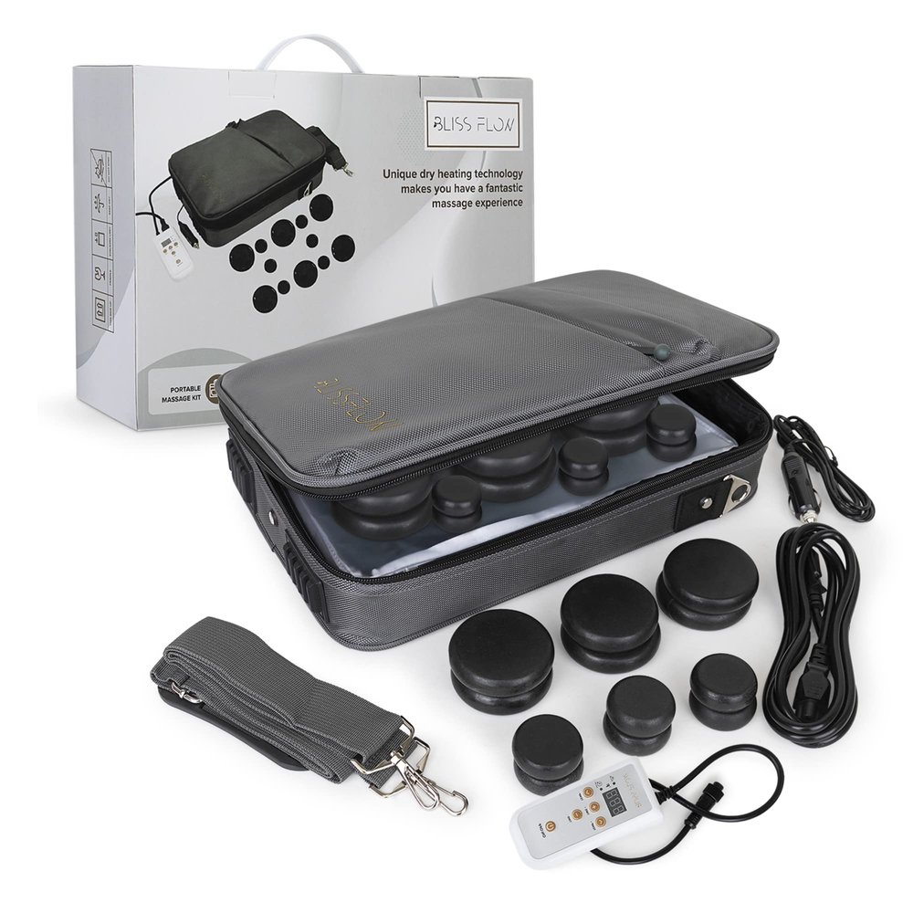 BlissFlow Hot Stones Massage Set with Warmer Kit  12 Basalt Massage Stones  Digital Electric Stone Warmer & Portable Heater  Hot Stones for Massage in Travel Carrying Bag