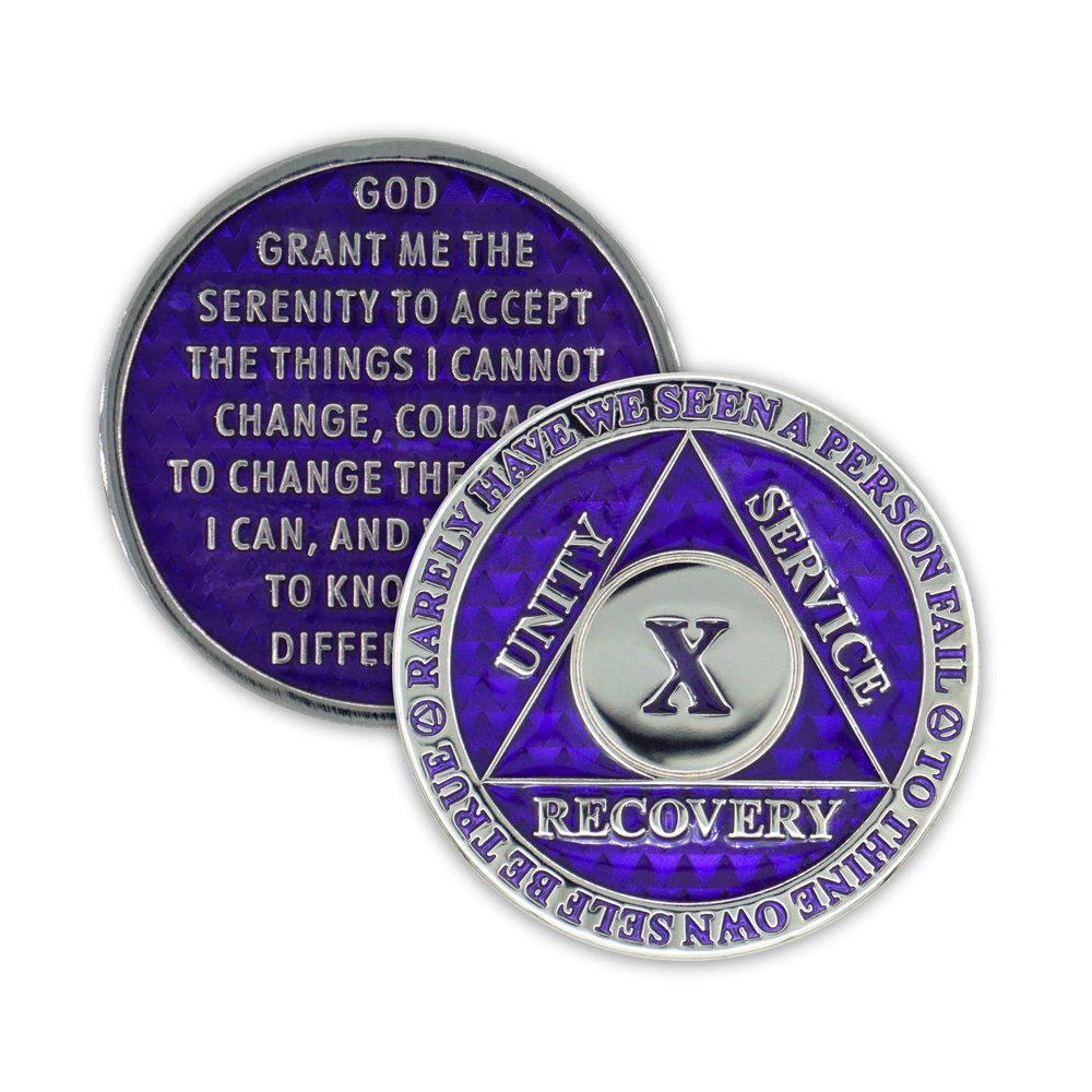 10 Year Sobriety Coin | Legacy AA Chip | Thick Triplate Recovery Anniversary Token (Purple)