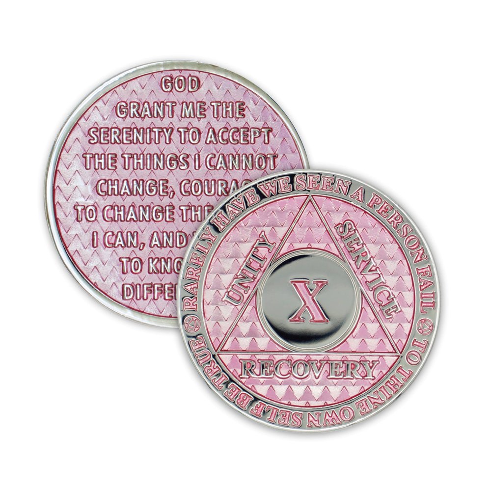 10 Year Sobriety Coin | Legacy AA Chip | Thick Triplate Recovery Anniversary Token (Pink)