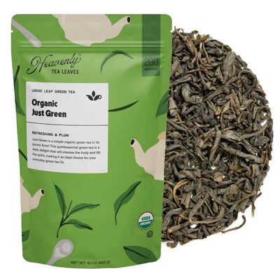 Heavenly Tea Leaves Organic Just Green, Bulk Loose Leaf Green Tea, 1 Lb. (Approx. 200 Servings) - Antioxidant Rich, Immune Boosting, Hot or Iced Tea, Great Natural Energy Source