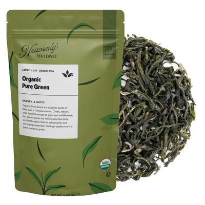 Heavenly Tea Leaves Organic Pure Green, Bulk Loose Leaf Green Tea, 1 Lb. (Approx. 200 Servings) - Delicious Hot or Iced, Naturally Caffeinated Free, Premium Quality, Wellness Support