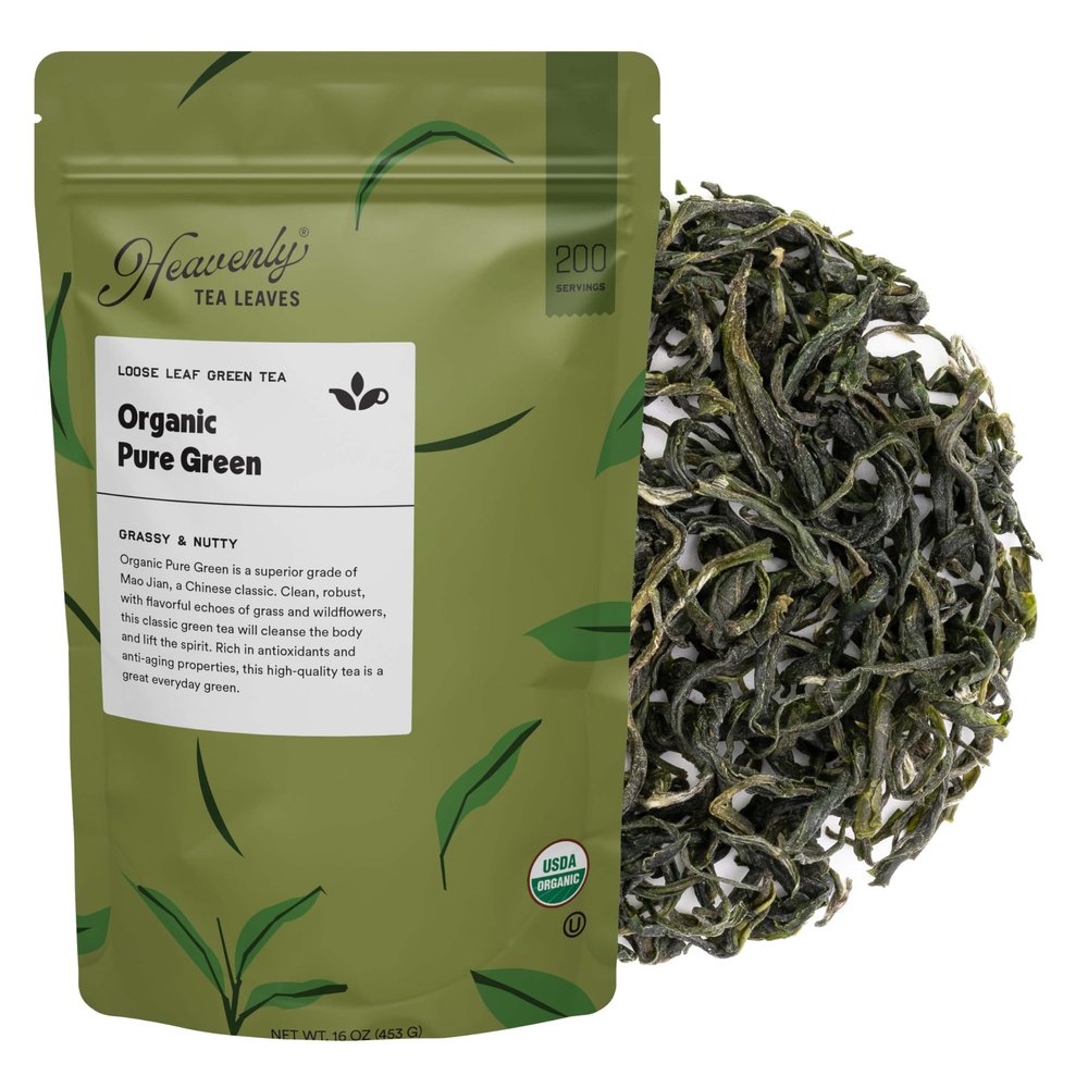 Heavenly Tea Leaves Organic Pure Green, Bulk Loose Leaf Green Tea, 1 Lb. (Approx. 200 Servings) - Delicious Hot or Iced, Naturally Caffeinated Free, Premium Quality, Wellness Support