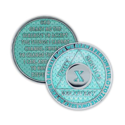 10 Year Sobriety Coin | Legacy AA Chip | Thick Triplate Recovery Anniversary Token (Aqua)