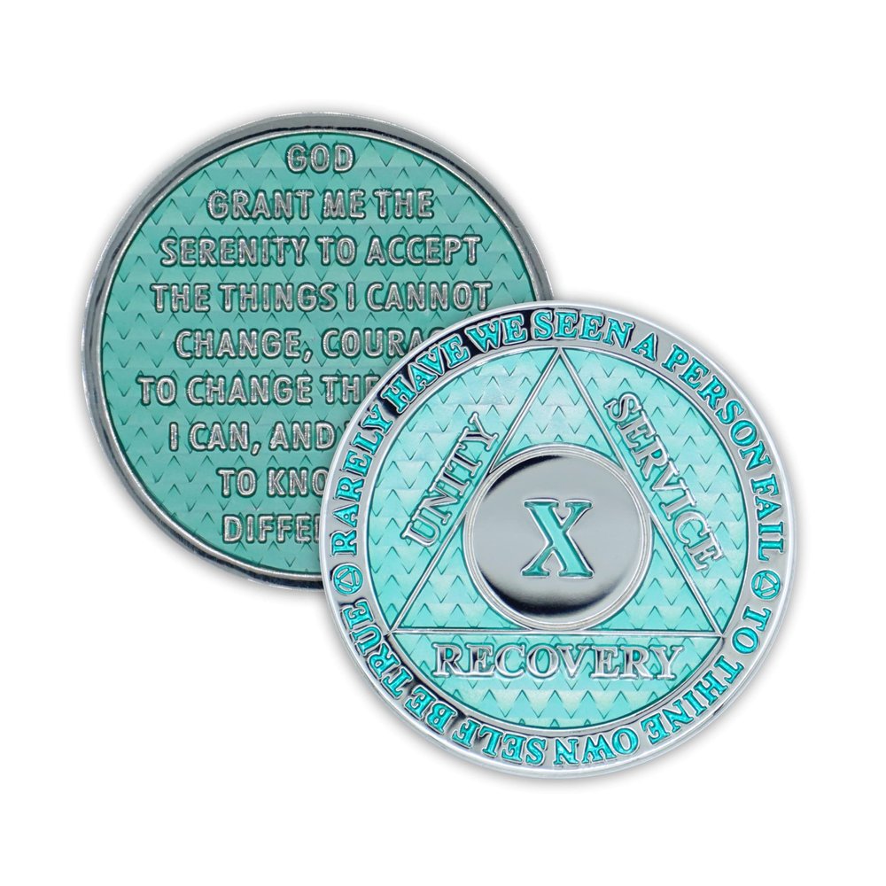 10 Year Sobriety Coin | Legacy AA Chip | Thick Triplate Recovery Anniversary Token (Aqua)