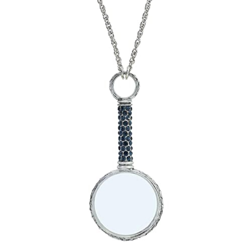 1928 Jewelry Montana Blue Pave Crystal Magnifying Glass Necklace for Women Pendant Enhancer, 30 Inch - Magnification Power: 2-3X, Multifunctional Magnifier Perfect for Reading Books, Made in USA