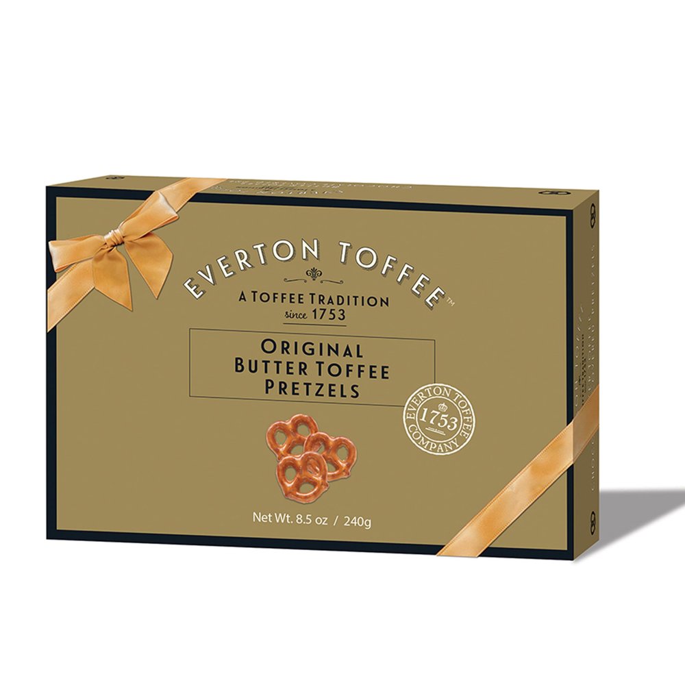Everton Toffee Butter Toffee Pretzels, Original Toffee Flavor (8.5oz Gift Box / 1-pack). Gourmet artisan toffee covered pretzels, small batch crafted sweet and salty mini pretzel snacks.