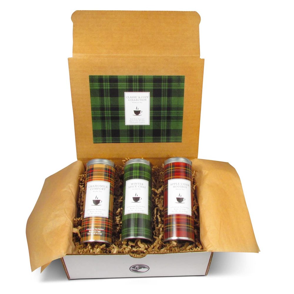 Classic & Cozy Holiday Tea Gift Set by La Tea Dah, Gourmet Herbal Tea Variety Pack with 3 Premium Teas, Apple Cider Tea, Herbal Chamomile Tea, & Rooibos Decaf Chai Tea (18 Sachets)
