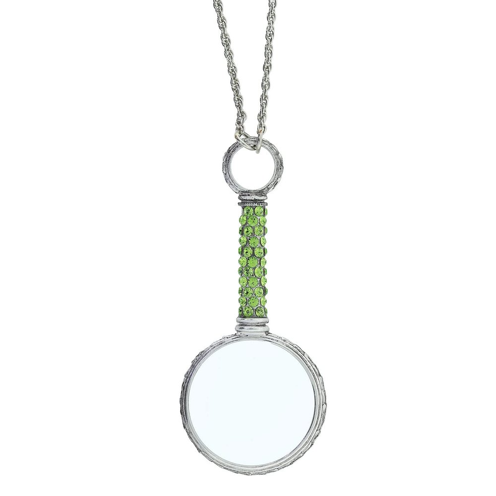 1928 Jewelry Pave Peridot Green Crystal Magnifying Glass Necklace for Women Pendant, 30"- Magnification Power: 2-3X, Multifunctional Magnifier Perfect for Reading Menus, Labels, Books, Made in USA