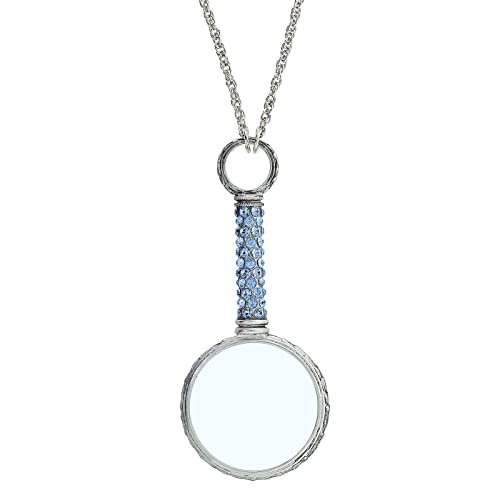 1928 Jewelry Light Sapphire Blue Pave Crystal Magnifying Glass Necklace For Women Pendant Enhancer, 30 Inch - Magnification Power: 2-3X, Multifunctional Magnifier Perfect For Reading Books, Made In USA