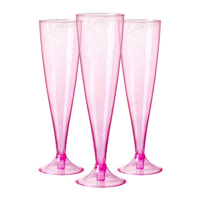 Homy Feel Pink Glitter Plastic Pink Wine Glasses 30 Pack,5 OZ Champagne Flutes Disposable for Party,Plastic Champagne Flutes,Mimosa Bar Glasse Supplies