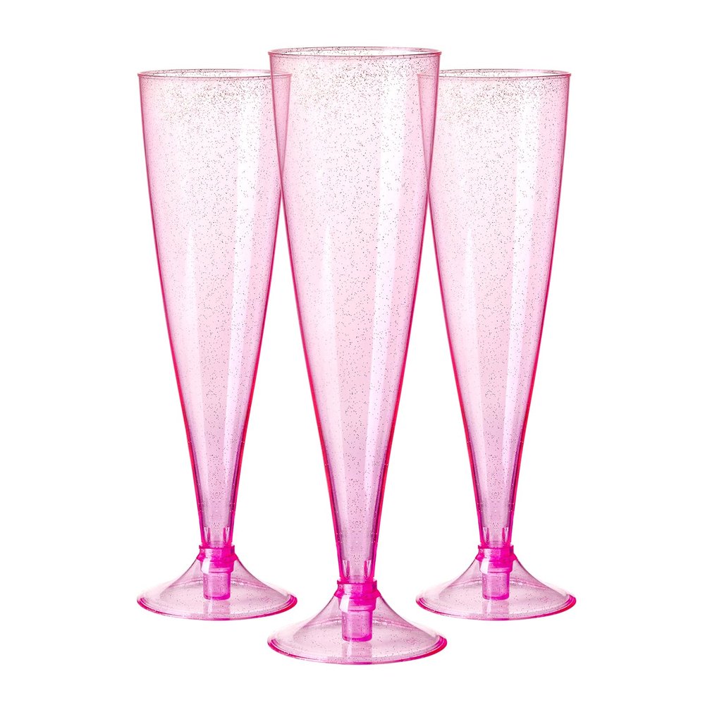 Homy Feel Pink Glitter Plastic Pink Wine Glasses 30 Pack,5 OZ Champagne Flutes Disposable for Party,Plastic Champagne Flutes,Mimosa Bar Glasse Supplies