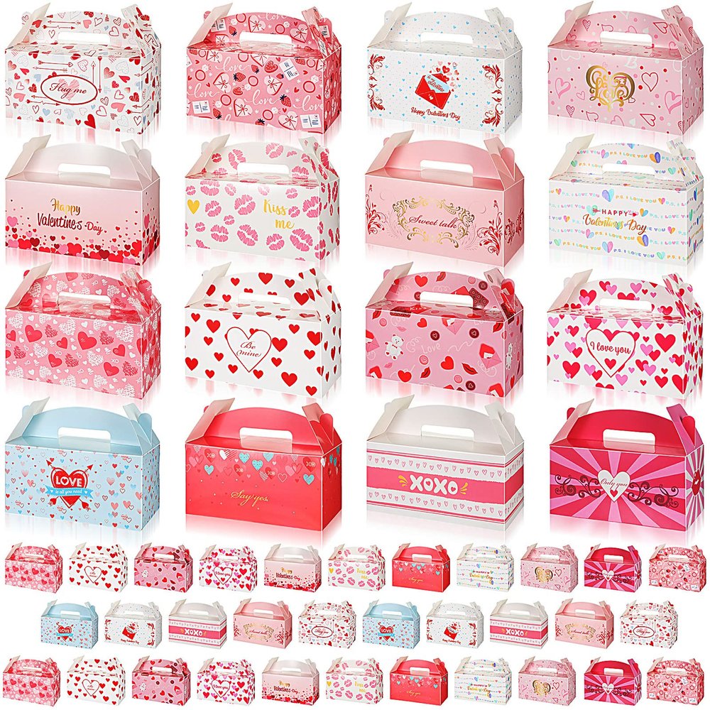 Jeyiour 48 Pcs Bulk Valentine's Day Treat Boxes Heart Paper Cookie Box for Valentine Party Classroom Exchange Candy Bakery Cupcake Gift, 6.3 x 3.14 x 3.14 Inches