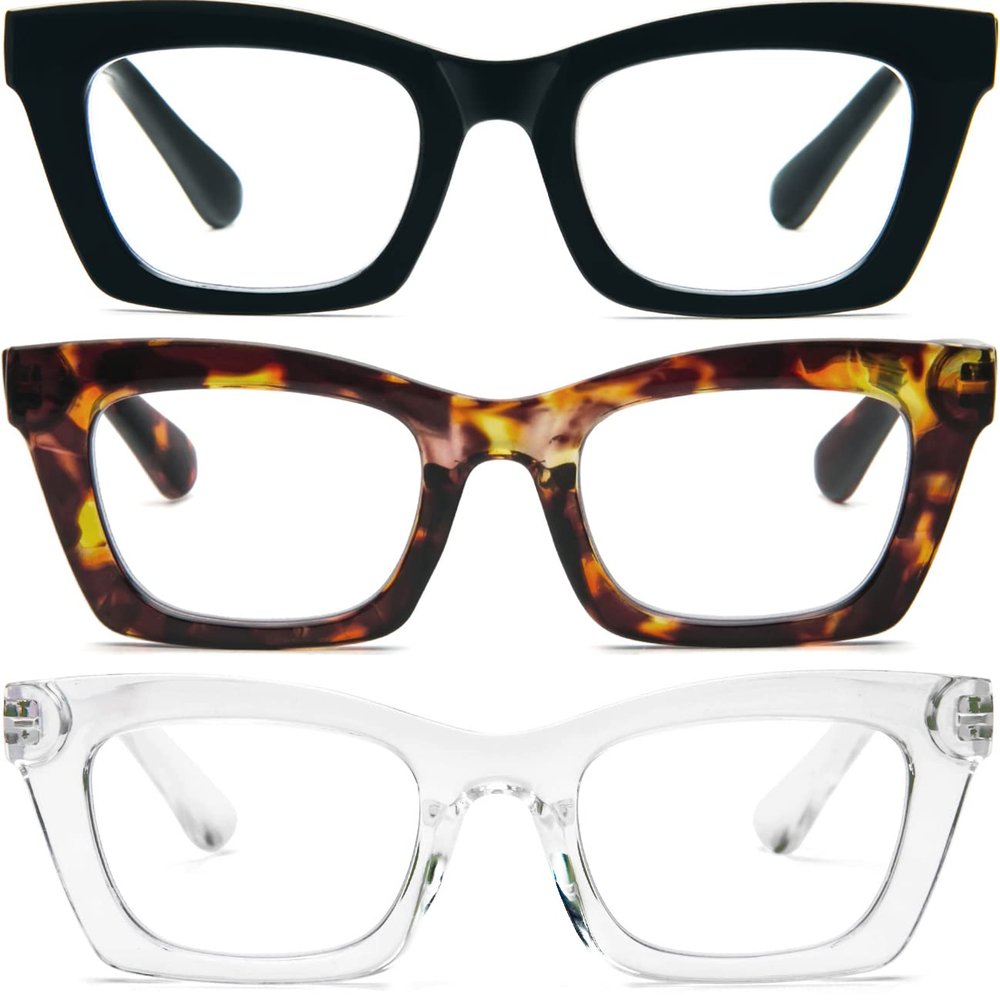REAVEE 3 Pack Oprah Style Reading Glasses Blue Light Blocking Computer Square Readers for Women with Spring Hinge Anti Glare/Eyestrain 1.75