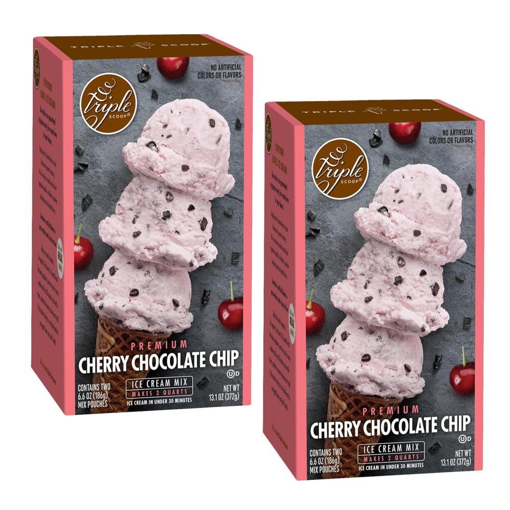 Triple Scoop - Premium Cherry Choc Chip (2) Ice Cream Mix For Ice Cream Maker. Simple, Easy, Delicious. From Gourmet Mix To Maker in 5 Min, Makes 2 Creamy Qrts, Made in USA (2 Pack, Cherry Choc)