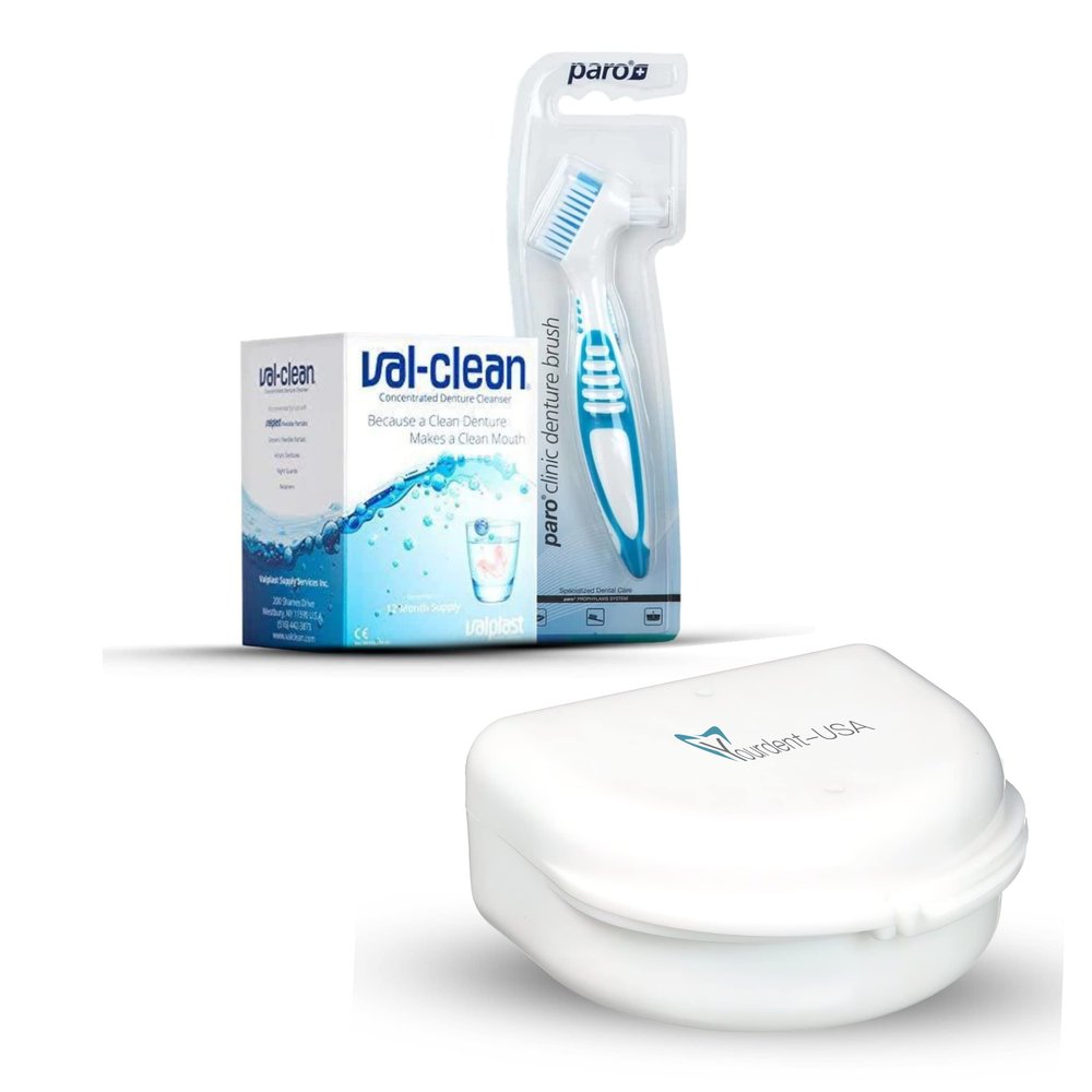 Yourdent-USA Paro Clinic Denture Brush, Val Clean Denture Cleaner 12 Packet for 1 Year and Dental Retainer Case, Denture Night Guard, Perfect Combo