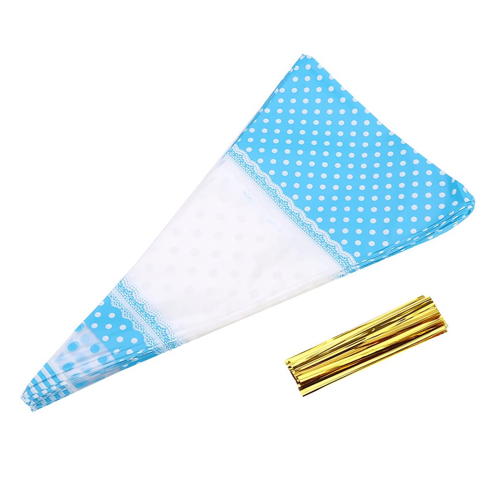 Cone Shaped Cellophane Treat Bags, Cellophane Cone Bags, 50 Packs Festival Clear Shaped Treat Popcorn Bags Candy Bags with Twist Tie (Blue, 4 Silk * 17cm X 30cm/ 6.69in x 11.81in)