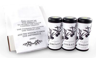 Serenity Prayer Tea Gift Basket by La Tea Dah, AA Sobriety Gifts for Men and Women, Three Full Sized Tin of Premium Tea & Serenity Prayer Hand Towel, Spiritual Gifts