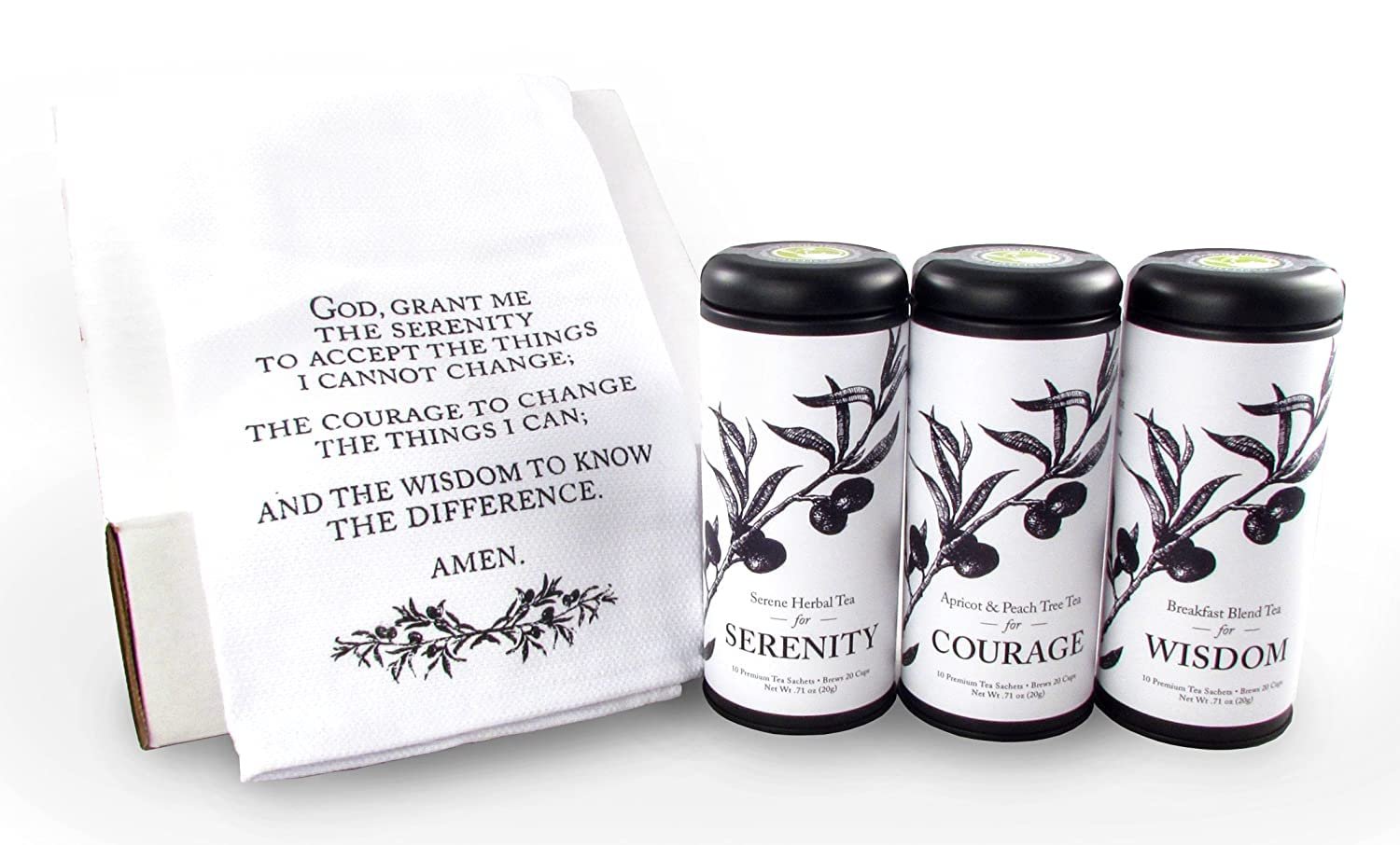 Serenity Prayer Tea Gift Basket by La Tea Dah, AA Sobriety Gifts for Men and Women, Three Full Sized Tin of Premium Tea & Serenity Prayer Hand Towel, Spiritual Gifts