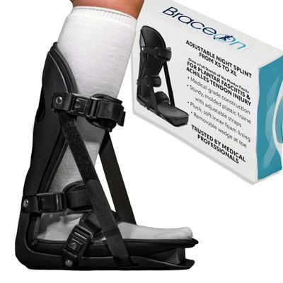 Brace On Adjustable Night Splint - Plantar Fasciitis, Achilles Tendon, Heel Spur, and Foot Pain Relief Stretching Boot for Men and Women, Medium, Black