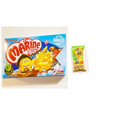 Orion Marine Boy Baked Snack ( Seaweed Taste)5.64 Oz AND Want Want Golden Rice Cracker (Artificial Chicken Flavor)
