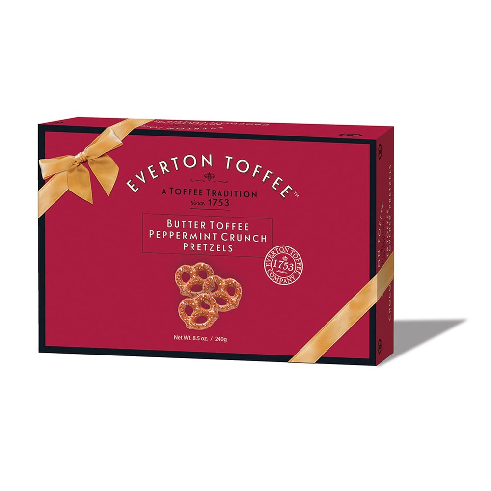 Everton Peppermint Crunch Butter Toffee Pretzels, (8.5 oz. Gift Box / 1-pack). Gourmet artisan toffee covered pretzels covered with crushed real peppermint pieces, small batch crafted sweet and salty mini pretzel snacks.