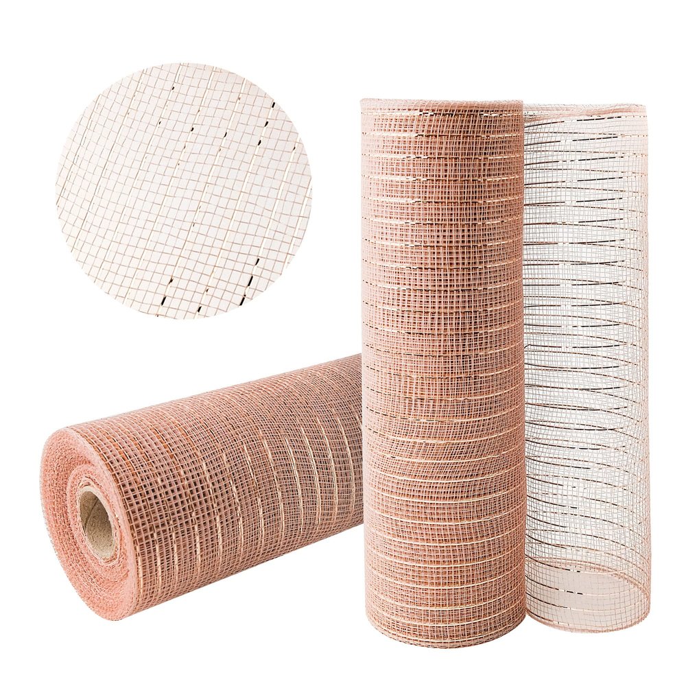 GouZaak 2 Rolls Rose Gold Deco Mesh Ribbon 10 in x 30 ft, Metallic Mesh Ribbon Poly Mesh Rolls for DIY Wreath Supplies Christmas Tree Party Decoration Gift Wrapping,Floral