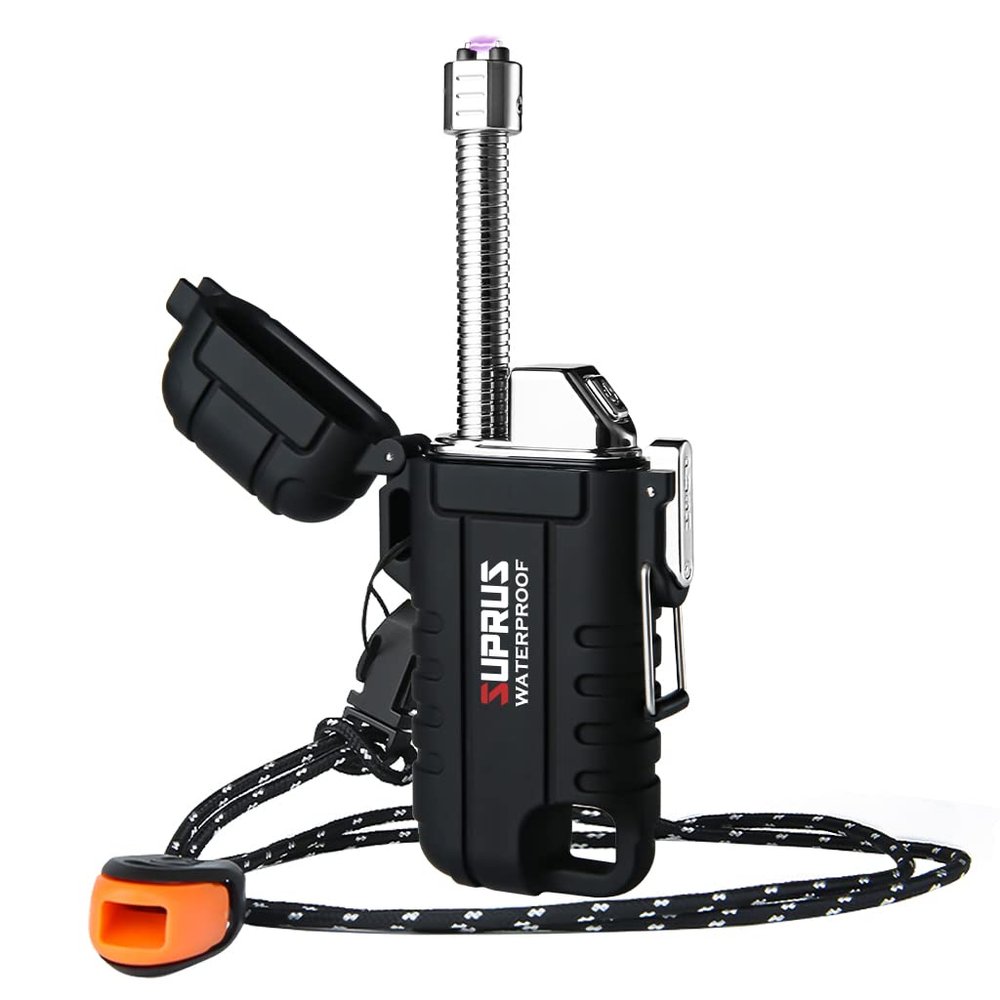 SUPRUS Waterproof Lighter Windproof Lighter Arc Plasma Lighters USB-C Rechargeable with Expandable and Flexible Neck for Outdoor, Camping & Kitchen (Black)