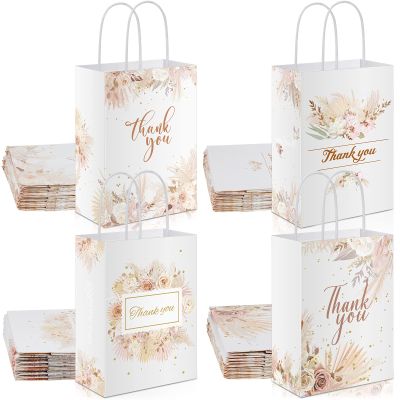 16 Pieces Thank You Gift Bags Floral Design 6 x 3 x 8 inches Flower Small Paper Bags with Handles Boho Favor Bags for Business Shopping Boutique Clothing Birthday Wedding Graduation Favors