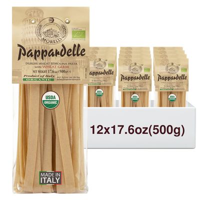 Morelli Organic Pappardelle Pasta Noodles - Imported Pasta from Italy, Wide Pappardelle Noodles, Gourmet Italian Durum Wheat Semolina With Wheat Germ - 17.6 oz (500 g) - Pack of 12