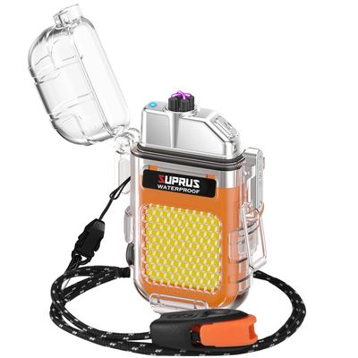 SUPRUS Waterproof 3 Modes of Flashlight Windproof Lighter Dual Arc Electric Rechargeable Dual Arc Plasma Lighter with Survival Emergency Whistle and Lanyard (Orange)