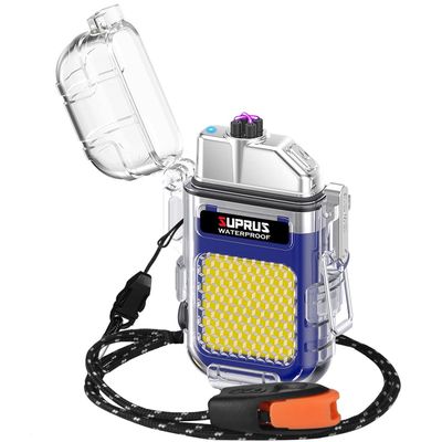 SUPRUS Waterproof 3 Modes of Flashlight Windproof Lighter Dual Arc Electric Rechargeable Dual Arc Plasma Lighter with Survival Emergency Whistle and Lanyard (Blue)