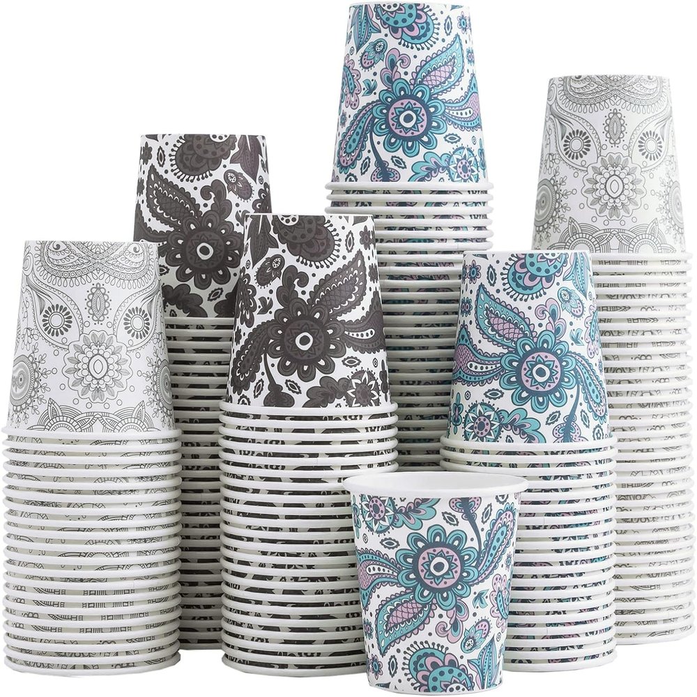 Clawsoff [300 Pack] 5 oz Mini Paper Cups, Small Mouthwash 5 OZ, Disposable Bathroom Cups, Paper Coffee Cups 5 Ounce for Bathroom, Supermarket, Birthday Party, Travel, Events, Picnic, BBQ (Paisley)