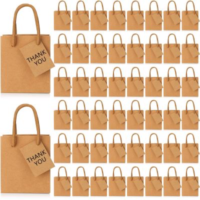 Zhehao 50 Pack Valentine's Day Mini Gift Bags Bulk 4x2.75x4.5 Tiny Extra Small Paper Thank You Gift Bags with Handles and Tags for New Year Birthday Party Favors Boutique Business(Kraft Color)