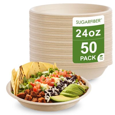 [50 COUNT]Harvest Pack PFAS FREE 24oz Compostable Bowls, Round Paper Bowls Heavy-Duty Eco-Friendly Disposable Bagasse Bowl, sugarcane made plant fibers for Meal Prep