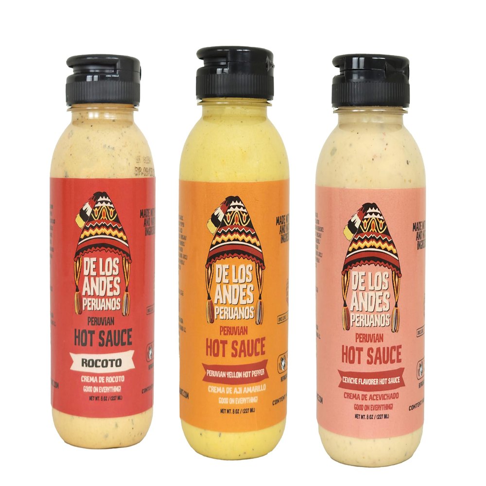 Aji de los Andes Peruanos Cremas de aj Variety pack 8.5 oz Enjoy these 3 delicious hot sauces created with all natural ingredients and no artificial flavors Small bach process of 150 units per lot to preserve quality and freshness. you will enjoy Pe